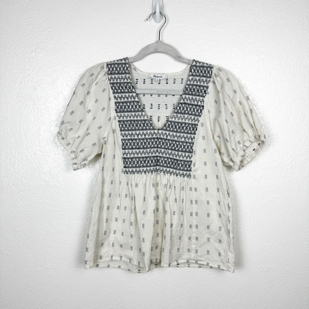 Madewell Summer 2022 Embroidered-Yoke Top in Clipdot Ikat Swiss Dot Size XS